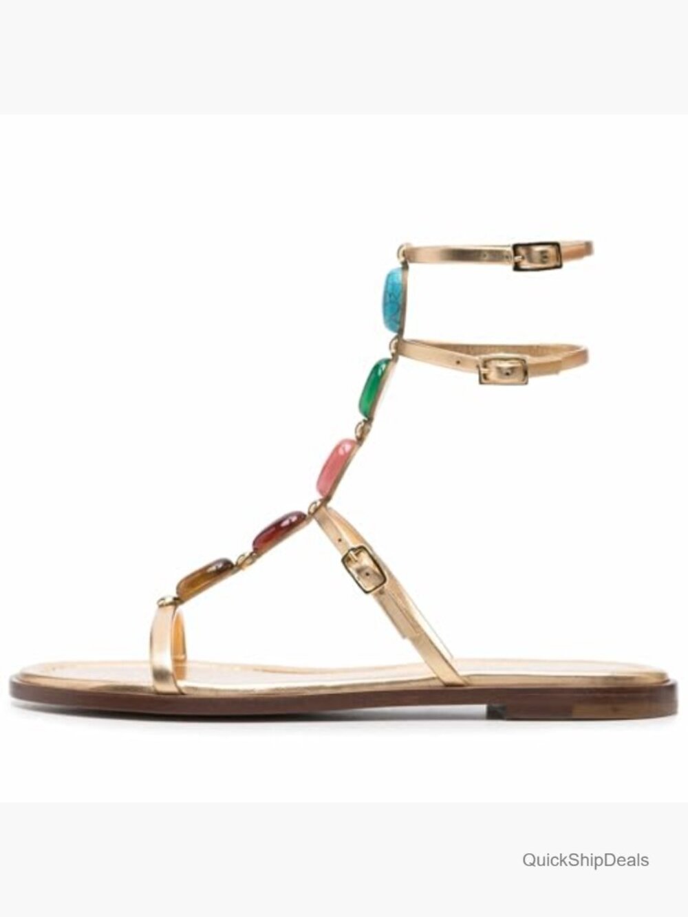 Faux Leather Gladiator Flat Sandals with Gemstone Embellishments T-Strap - Picture 3 of 7